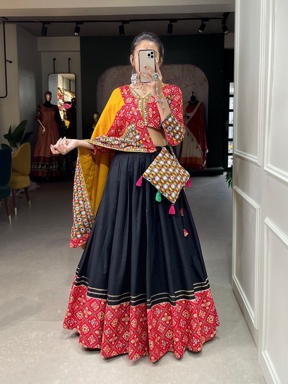 Black and Yellow Soft Cotton Printed Lehenga With Gota Patti