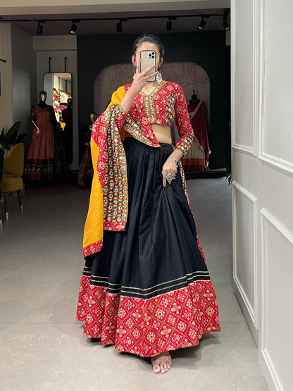 Black and Yellow Soft Cotton Printed Lehenga With Gota Patti