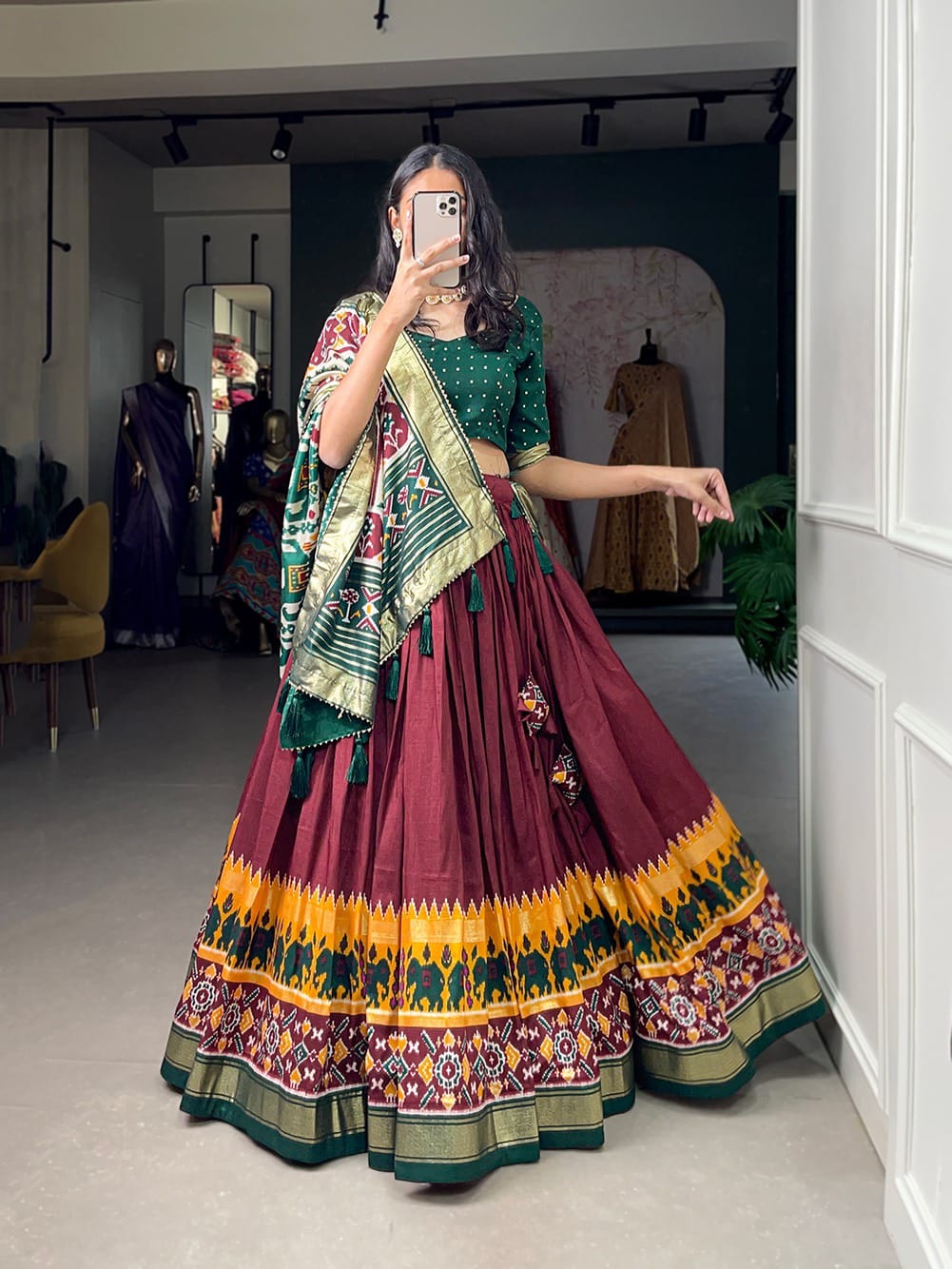 Blended Tussar Silk Lehenga With Foil Print Blouse