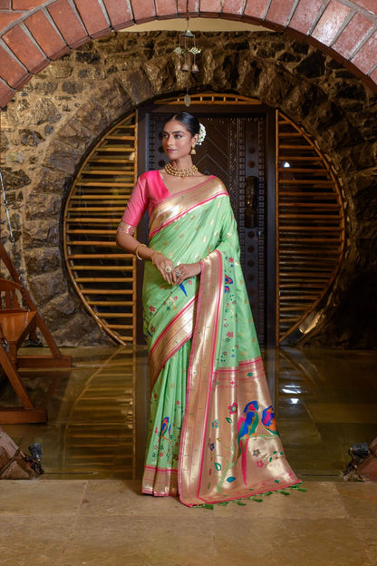 Parrot Design Soft Paithani Silk Saree With Fancy Meena Zari Weaving