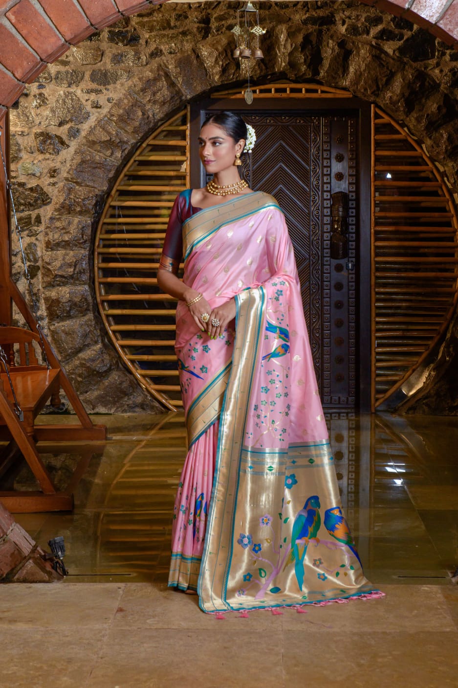 Parrot Design Soft Paithani Silk Saree With Fancy Meena Zari Weaving