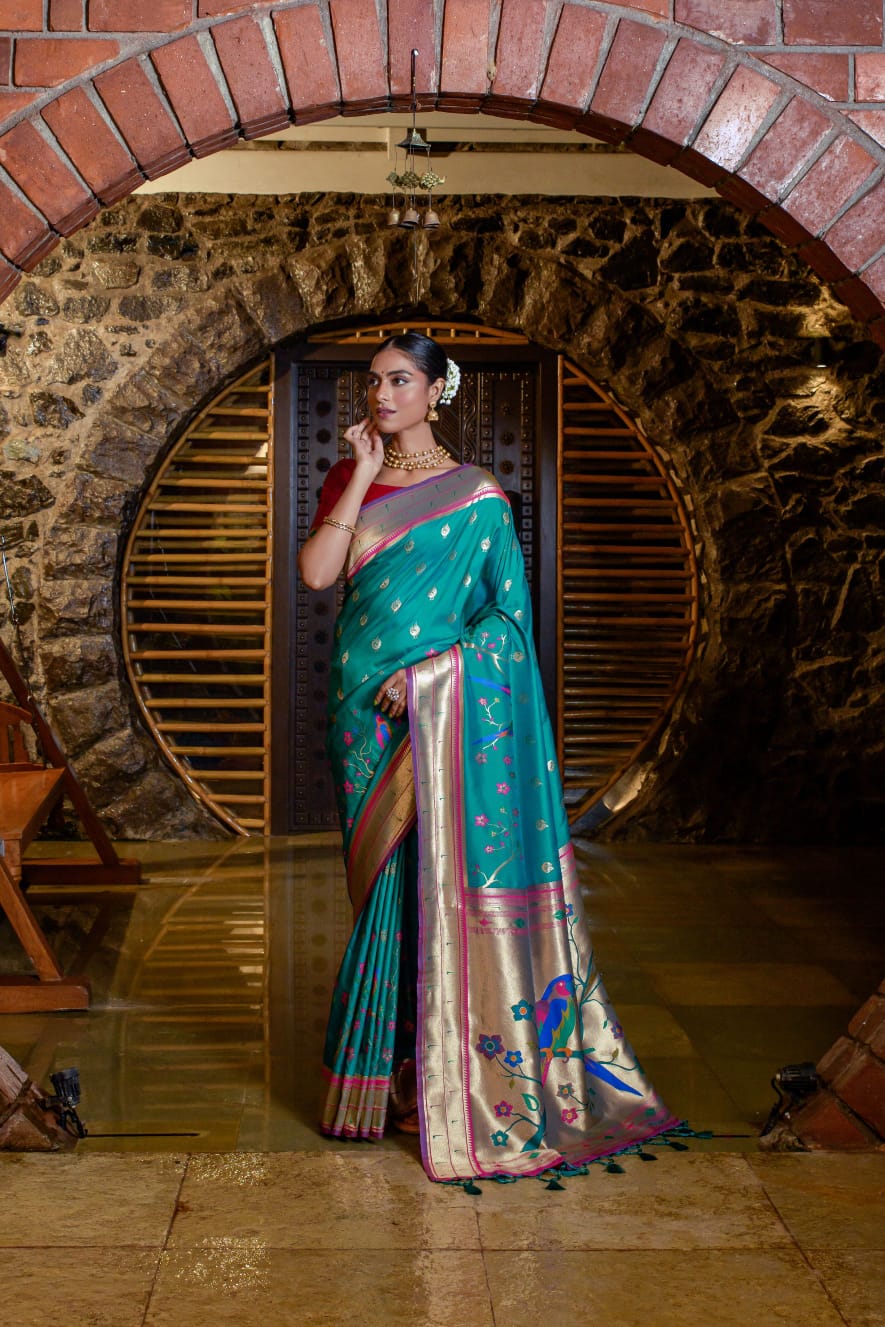 Parrot Design Soft Paithani Silk Saree With Fancy Meena Zari Weaving