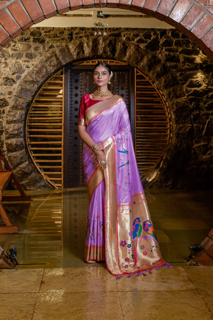 Parrot Design Soft Paithani Silk Saree With Fancy Meena Zari Weaving