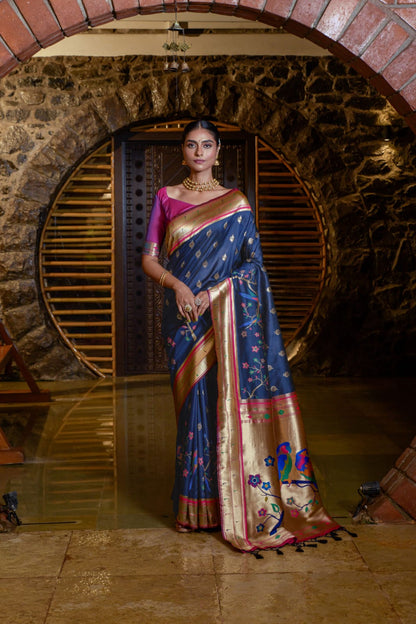 Parrot Design Soft Paithani Silk Saree With Fancy Meena Zari Weaving