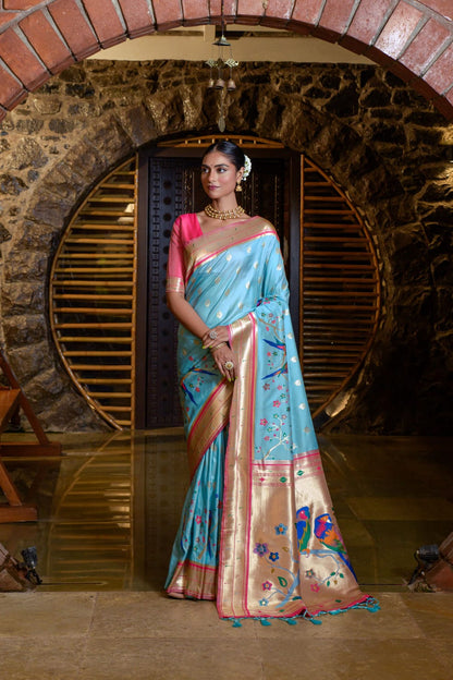 Parrot Design Soft Paithani Silk Saree With Fancy Meena Zari Weaving