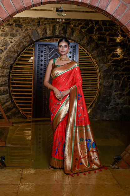 Parrot Design Soft Paithani Silk Saree With Fancy Meena Zari Weaving