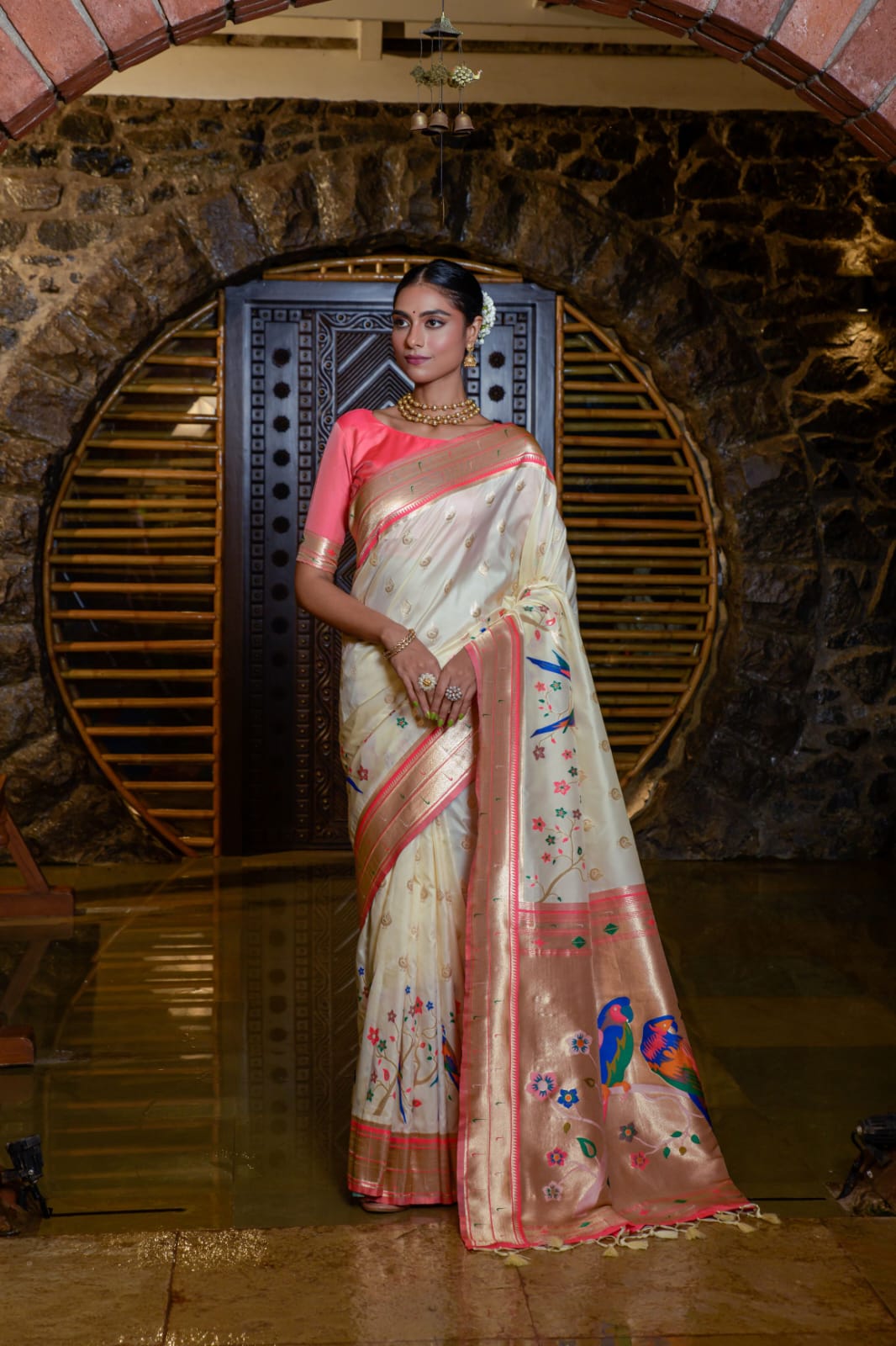 Parrot Design Soft Paithani Silk Saree With Fancy Meena Zari Weaving