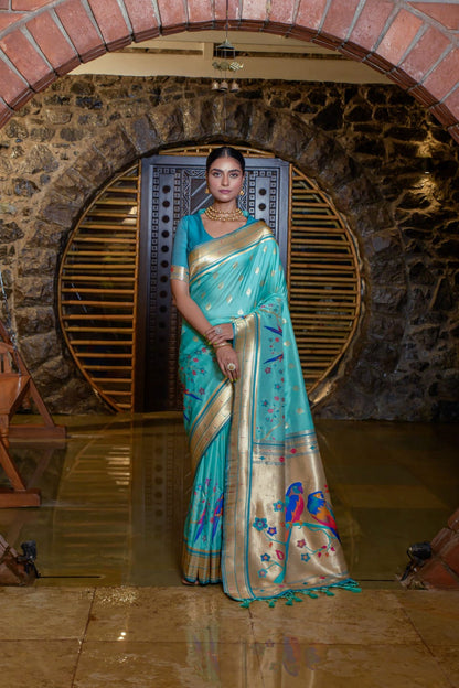 Parrot Design Soft Paithani Silk Saree With Fancy Meena Zari Weaving