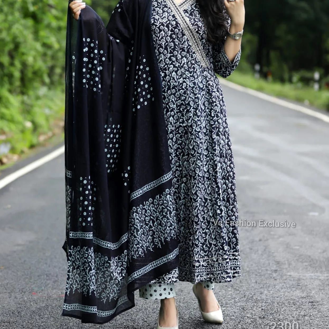 Black and White Rayon Anarkali Kurti Set With Dupatta