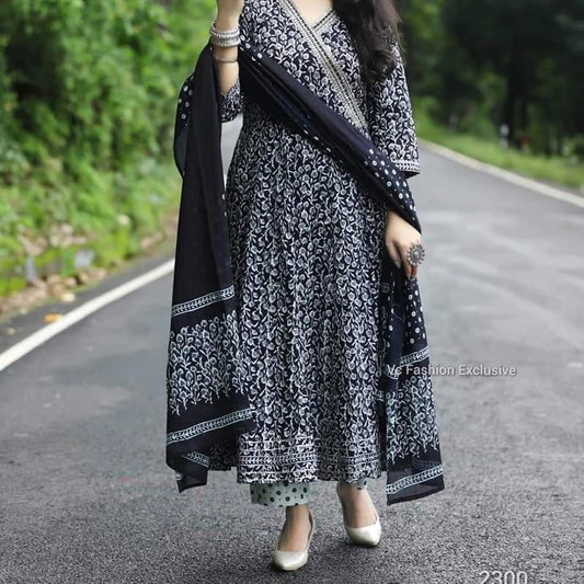 Black and White Rayon Anarkali Kurti Set With Dupatta