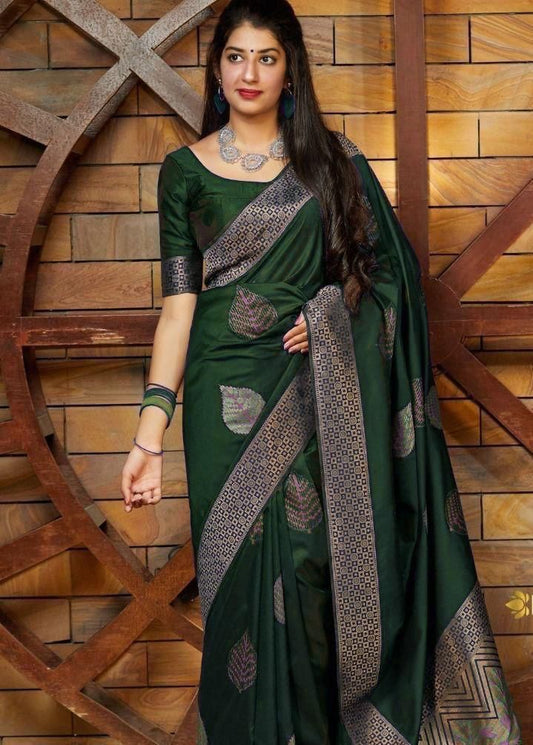 Soft Lichi Silk Saree With Leafe Design and Jacquard Border