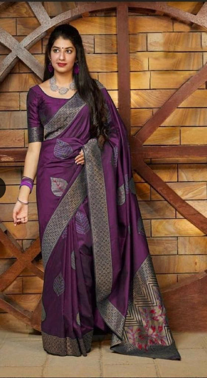 Soft Lichi Silk Saree With Leafe Design and Jacquard Border