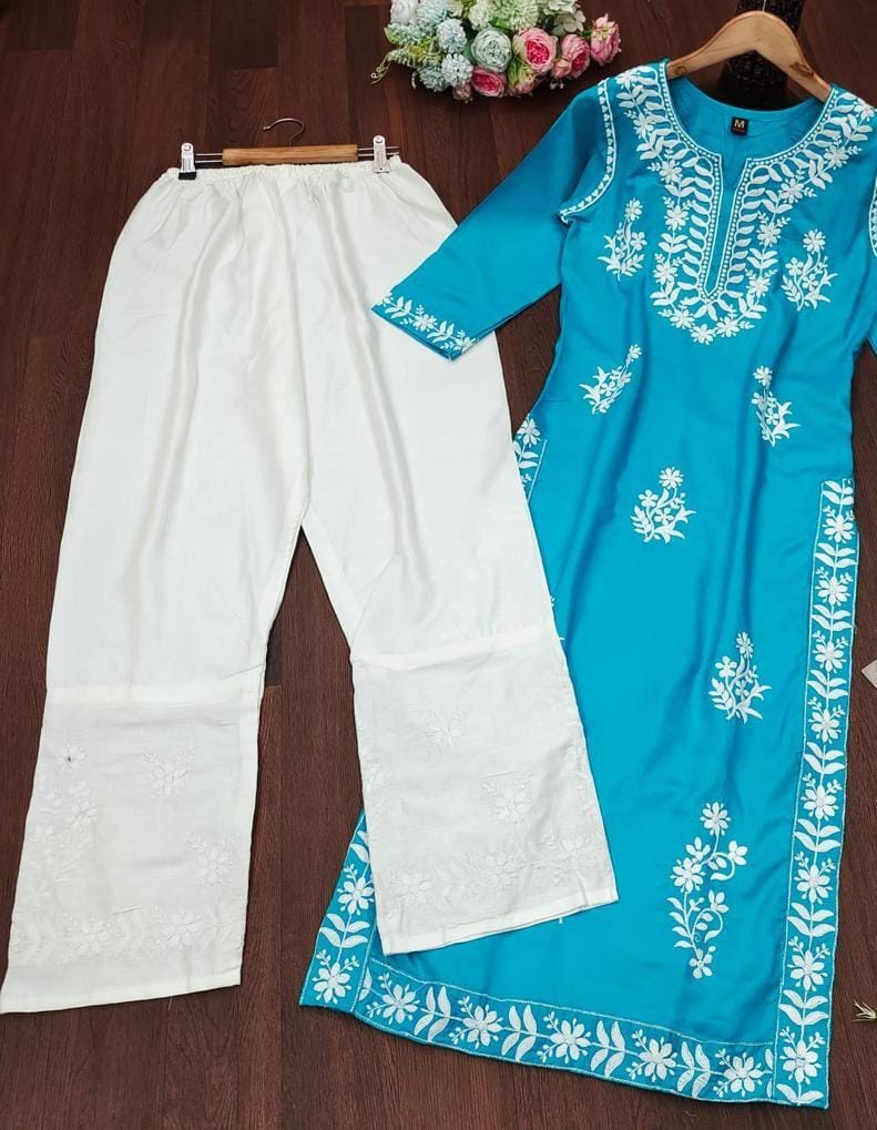 Soft Reyon Cotton Chikankari Style Kurti With Pant