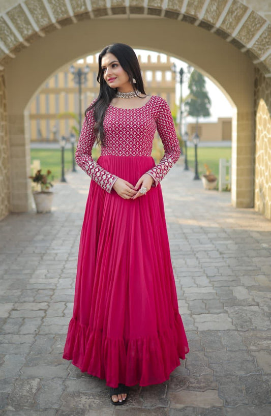 Multi Sequence Embroidery Georgette Gown With Zari Embroidery Work