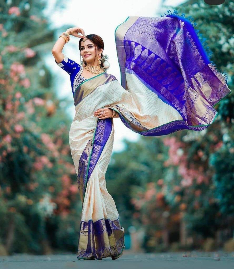 White and Blue Royal Lichi Silk Saree
