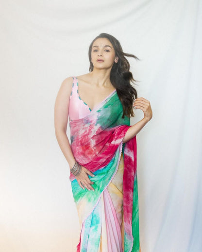 Faux Georgette Multi Color Digital Print Saree With Fancy Lace