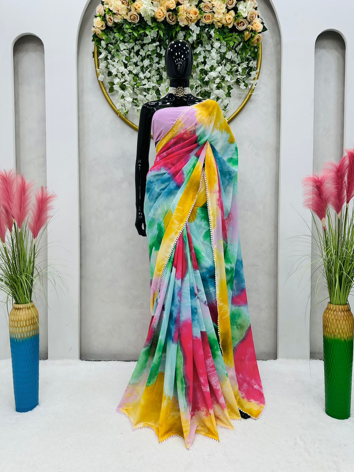 Faux Georgette Multi Color Digital Print Saree With Fancy Lace