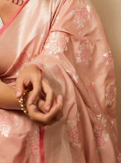 Peach Pink Soft Lichi Silk Saree With Rich Pallu