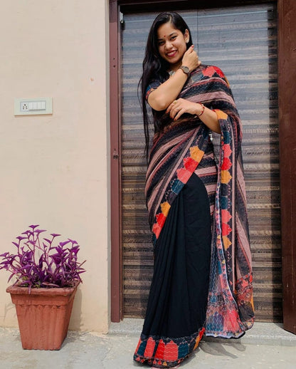 Black Soft Georgette Saree With Digital Sequence Border Work