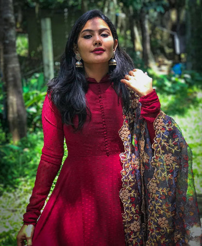 Maroon Georgette Gown With Small Butties