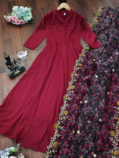 Maroon Georgette Gown With Small Butties