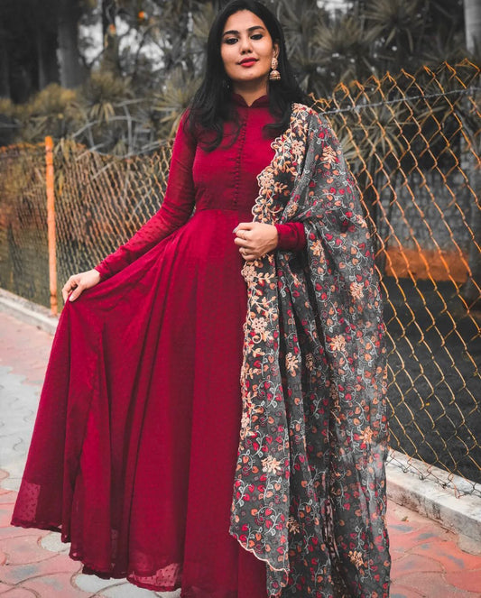 Maroon Georgette Gown With Small Butties