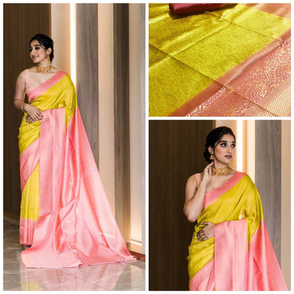 Yellow Soft Lichi Silk Saree With Rich Pallu and Border