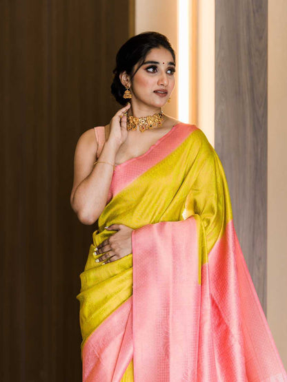 Yellow Soft Lichi Silk Saree With Rich Pallu and Border