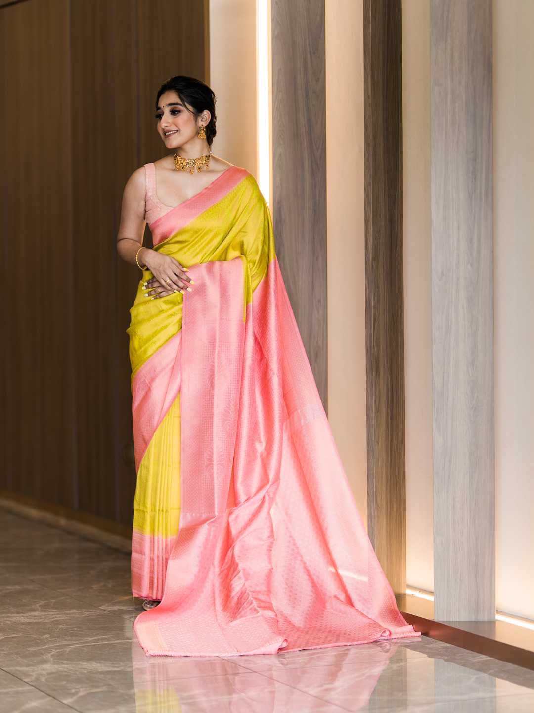 Yellow Soft Lichi Silk Saree With Rich Pallu and Border