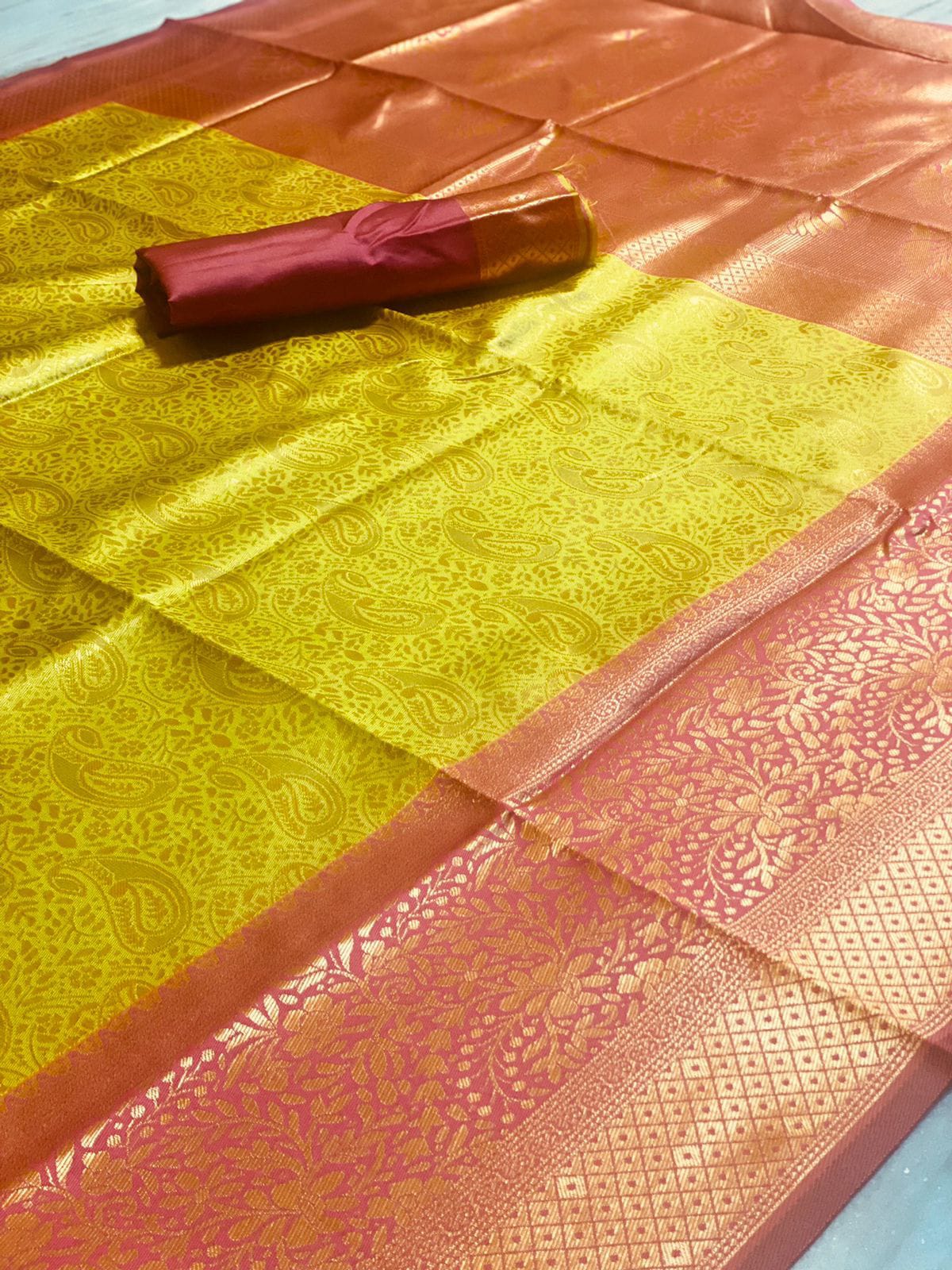 Yellow Soft Lichi Silk Saree With Rich Pallu and Border