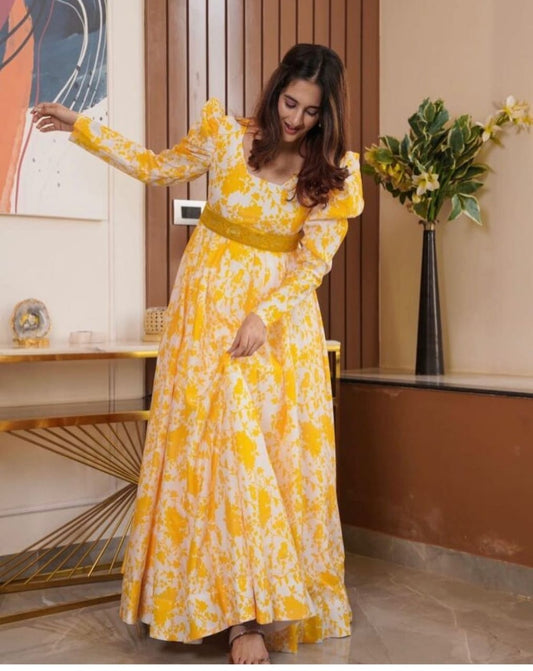 Yellow Georgette Gown With Printed Work