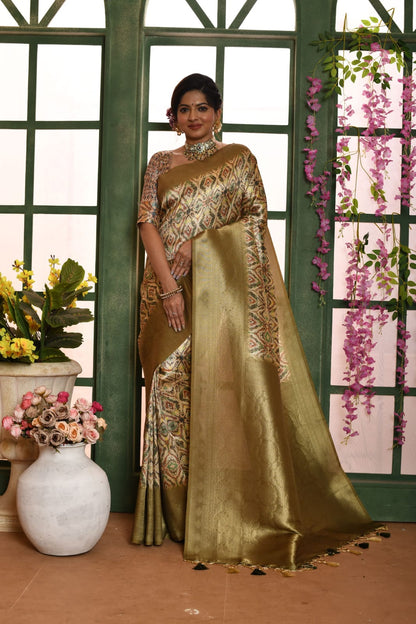 Soft Banarasi Silk Saree With Patola Prints and Classic Zari Work