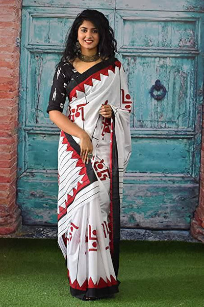 White and Red Cotton Bandhani Ajrakh Printed Saree