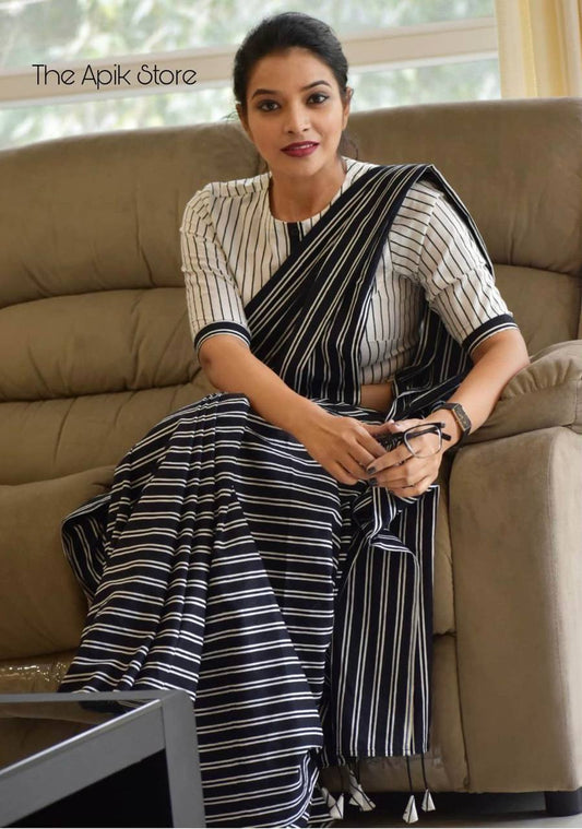 Black and White Sequence Cotton Saree
