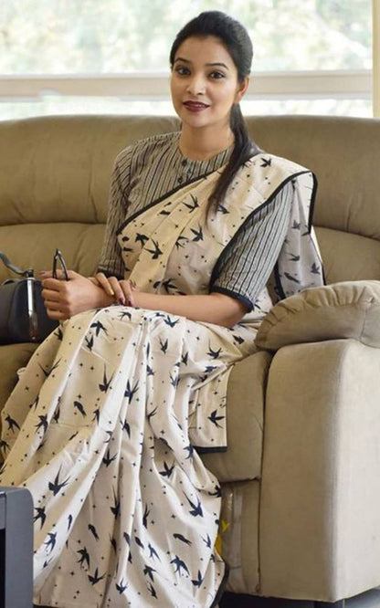 Soft Jaipur Cotton Saree With Bird Printed