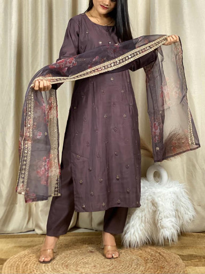 Brown Cotton Silk Kurti With Organza Duppatta