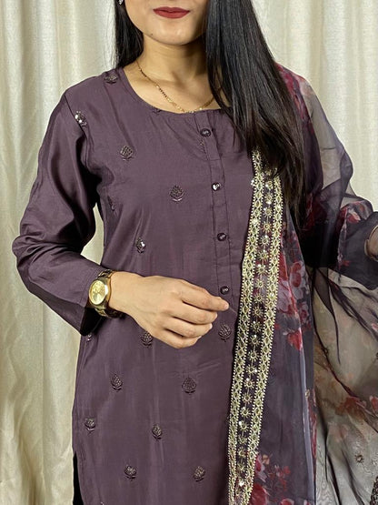 Brown Cotton Silk Kurti With Organza Duppatta