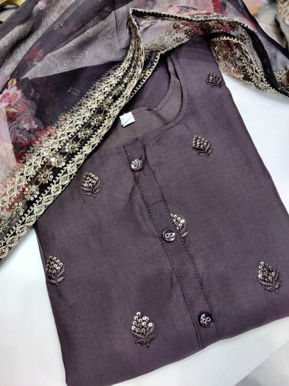 Brown Cotton Silk Kurti With Organza Duppatta