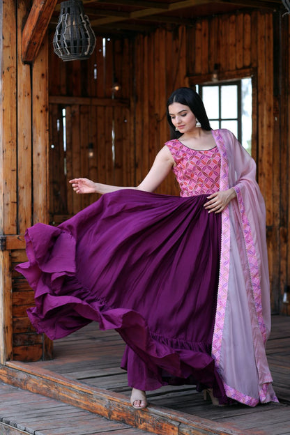 Chinnon Silk Gown With Sequence Printing