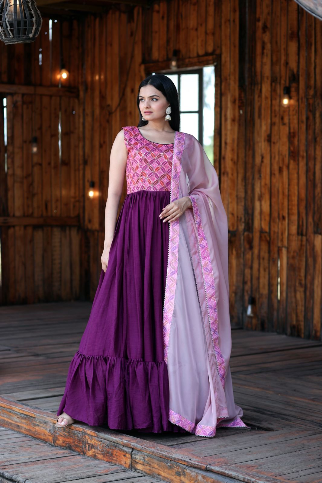 Chinnon Silk Gown With Sequence Printing