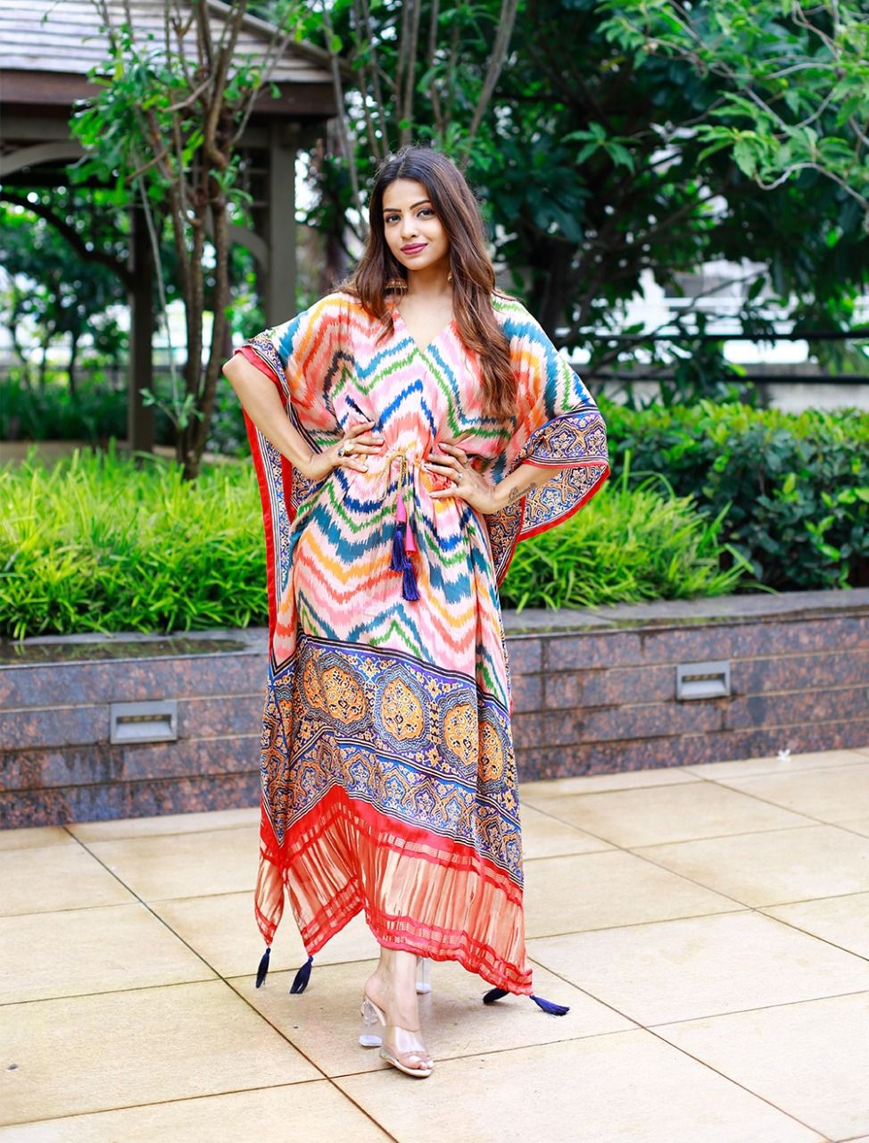 Printed Designer Gaji Silk Kaftan with Lace Work