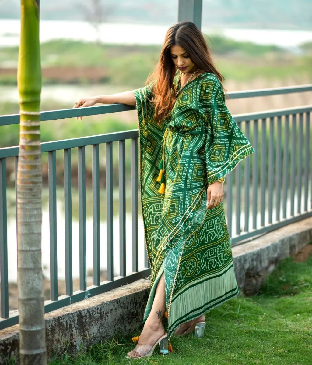 Printed Green Gaji Silk Kaftan With Lace Work And Fumka