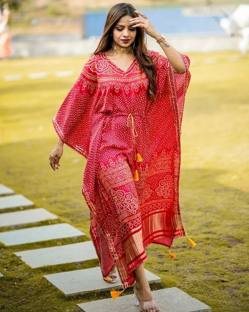 Red Printed Gaji Silk Kaftan With Fancy Latkan And Lace Work