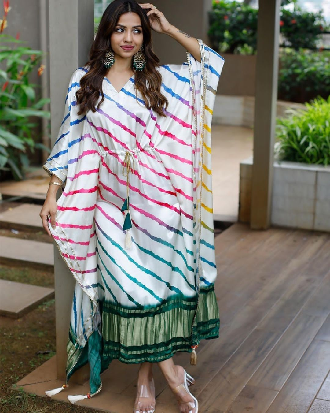 White Printed Designer Gaji Silk Kaftan with Fancy Latkan