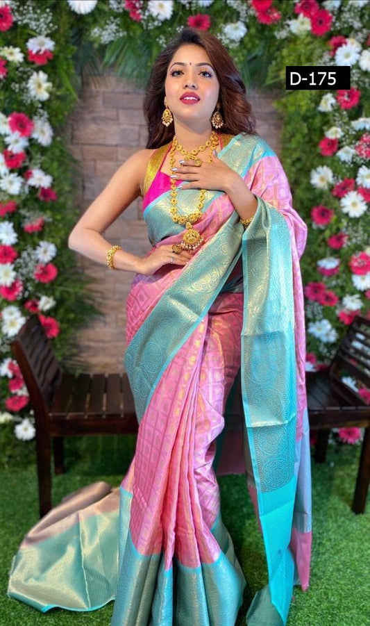 Pink and Firozi Lichi Soft Silk Saree With Rich Pallu