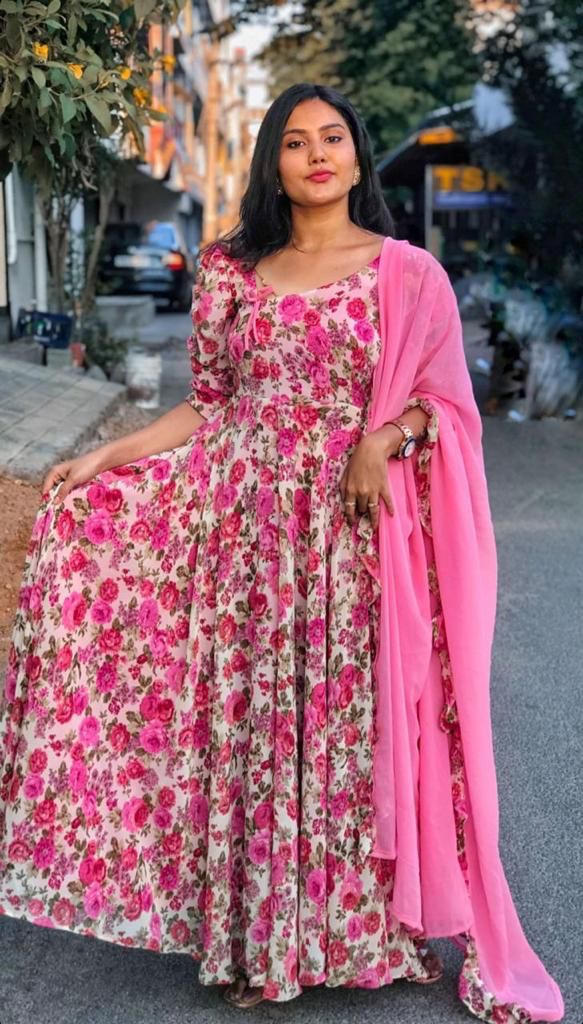 Soft Georgette Maxi Gown With Floral Print and Duppatta