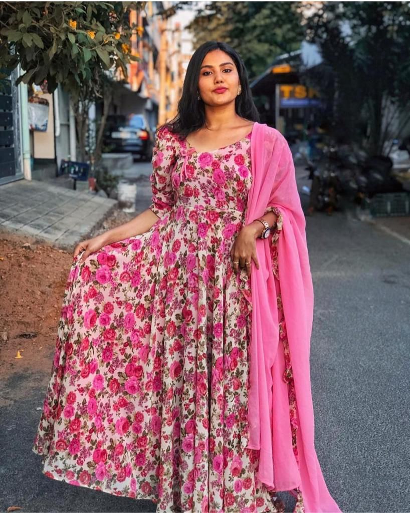 Soft Georgette Maxi Gown With Floral Print and Duppatta