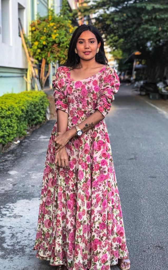 Soft Georgette Maxi Gown With Floral Print and Duppatta