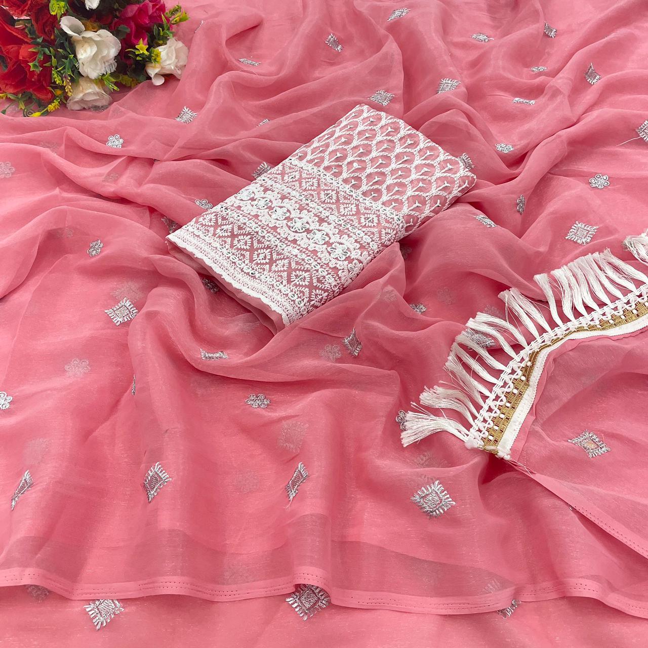 Soft Shimmer Saree With Embroidery and Zalar