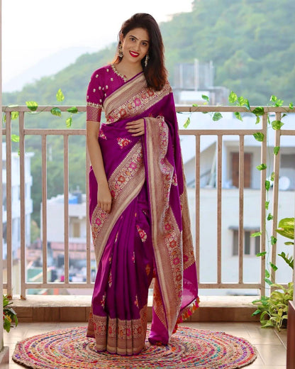 Wine Soft Lichi Silk Saree With Zari Weaving